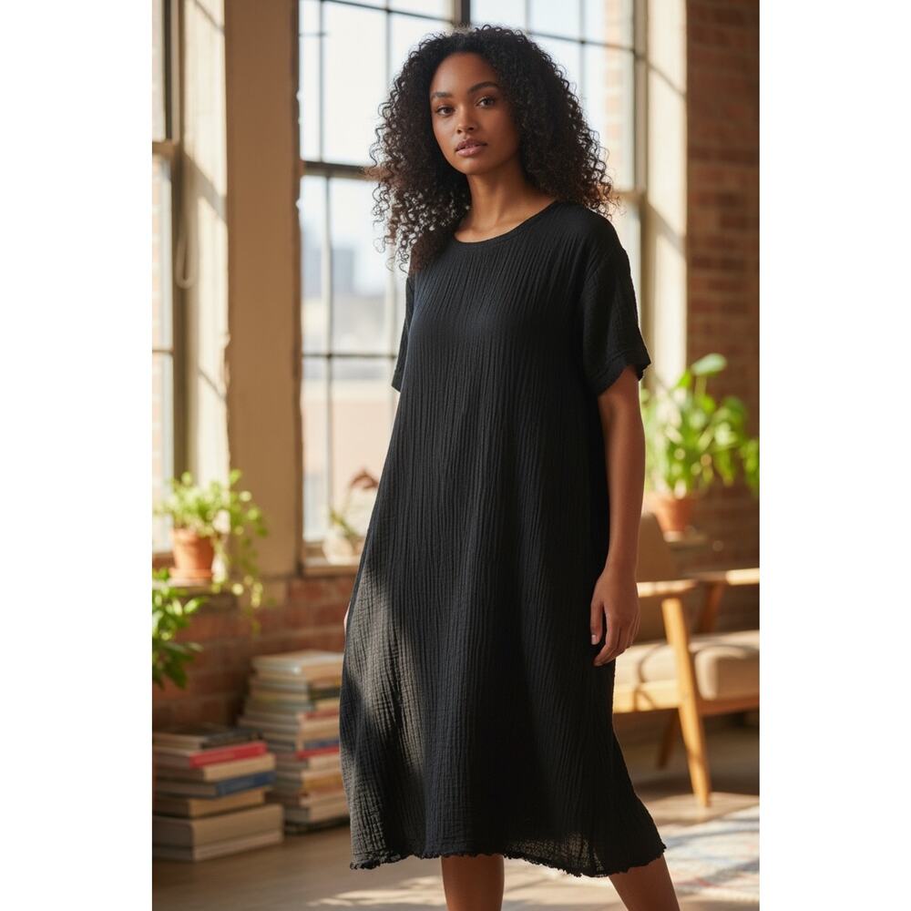 Eileen Fisher Slub Dress Gauze Fringe Lagenlook Organic - Picture 9 of 9